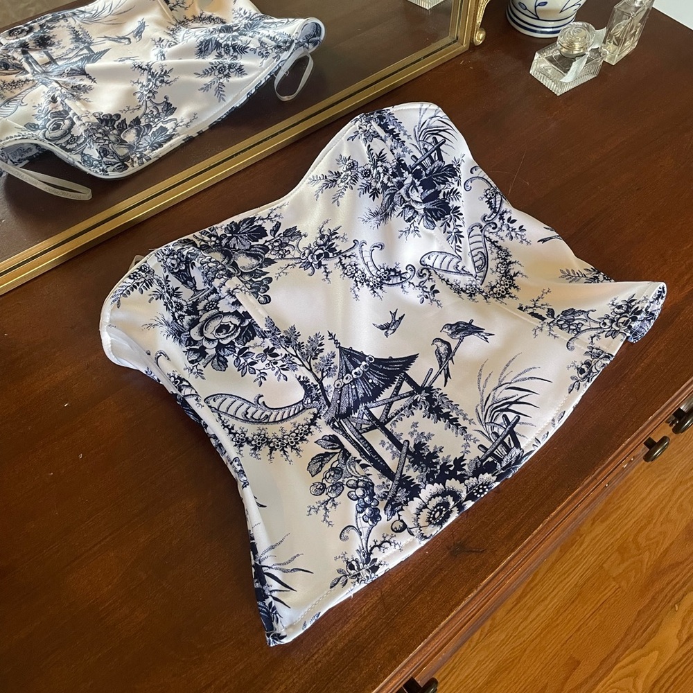 Jessica McClintock for Gunne Sax Bustier Corset Blue and White Top